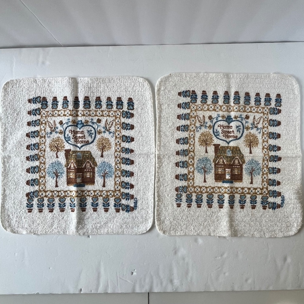 Vintage Home Sweet Home Washcloth Set of 2 Cotton Terry Towels Cottagecore‎ B&D